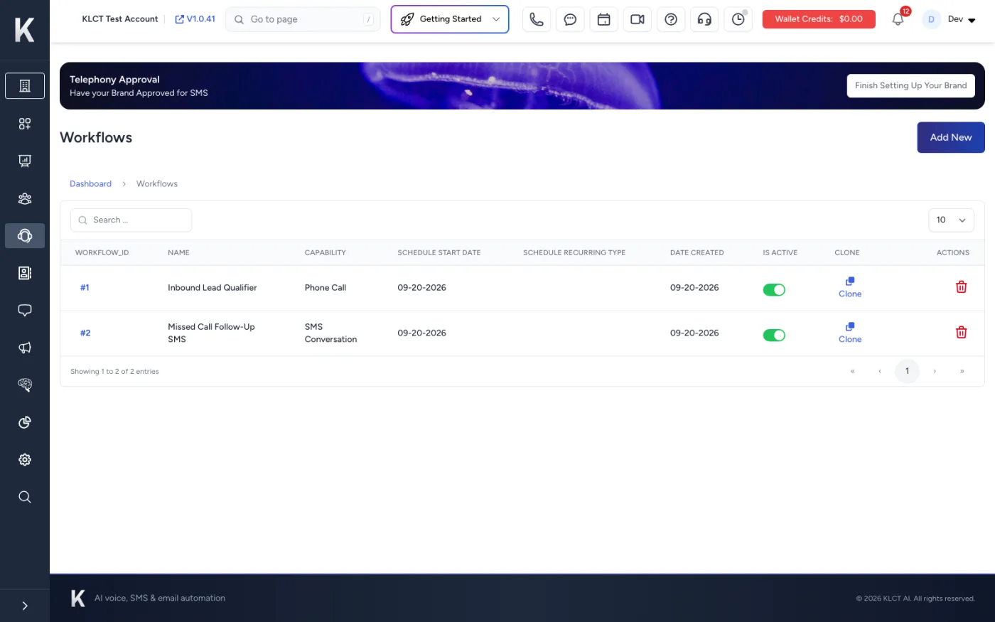 AI Call Bot inside the KLCT dashboard