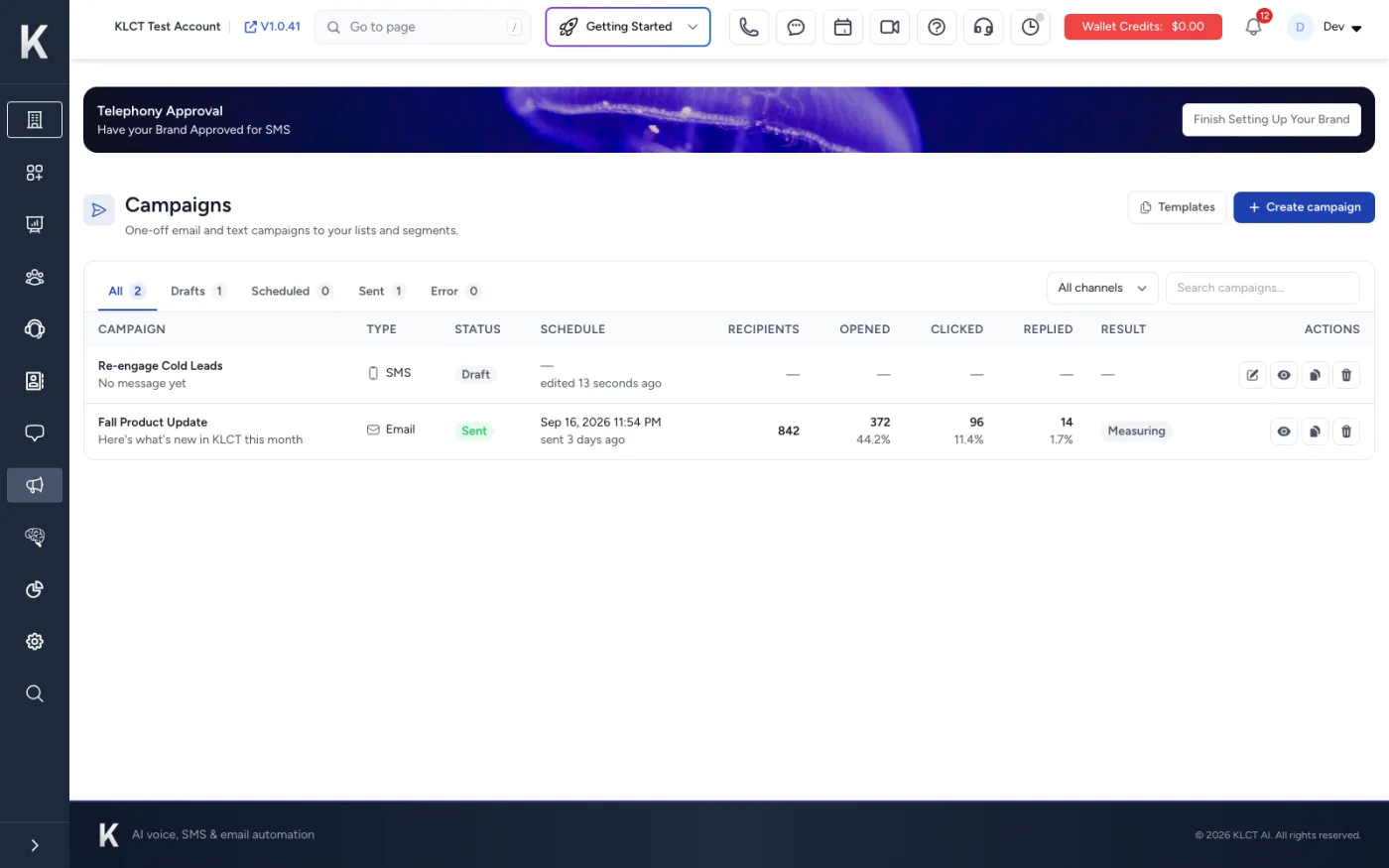 SMS inside the KLCT dashboard