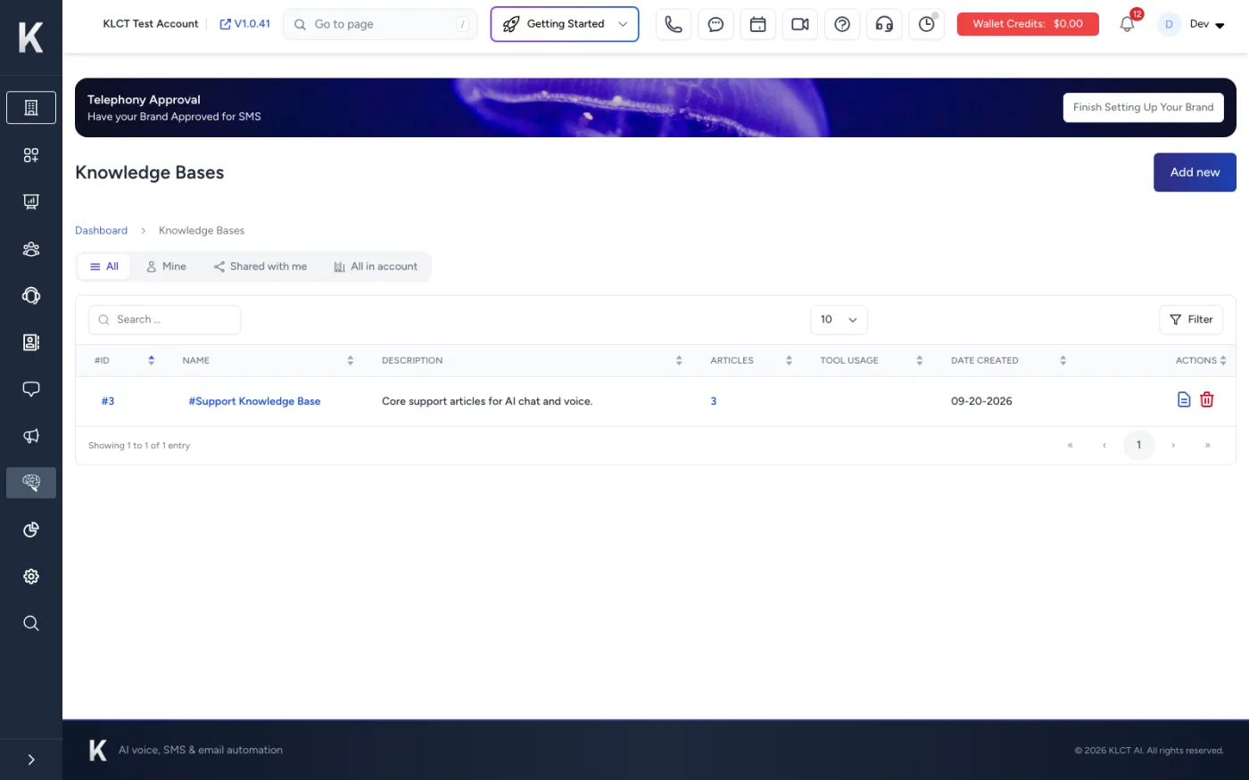 Knowledge Base inside the KLCT dashboard