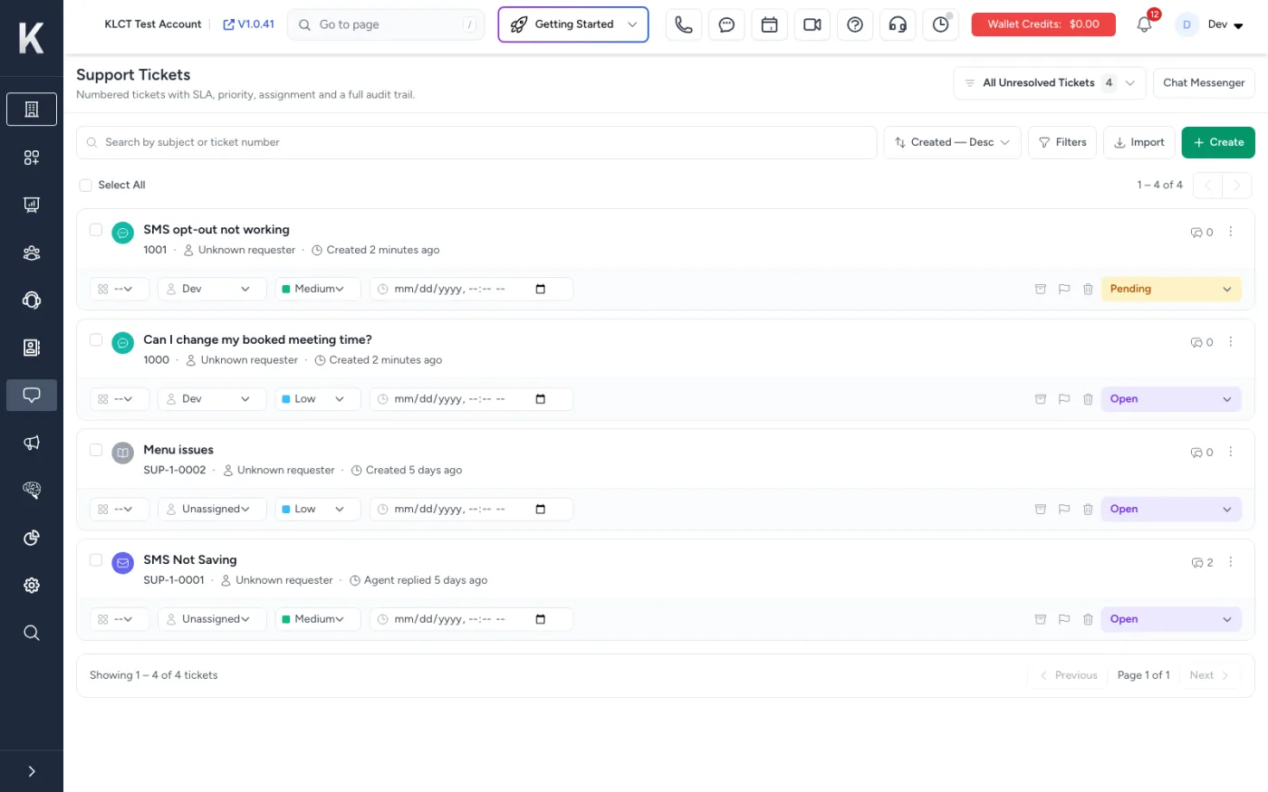 Ticketing inside the KLCT dashboard